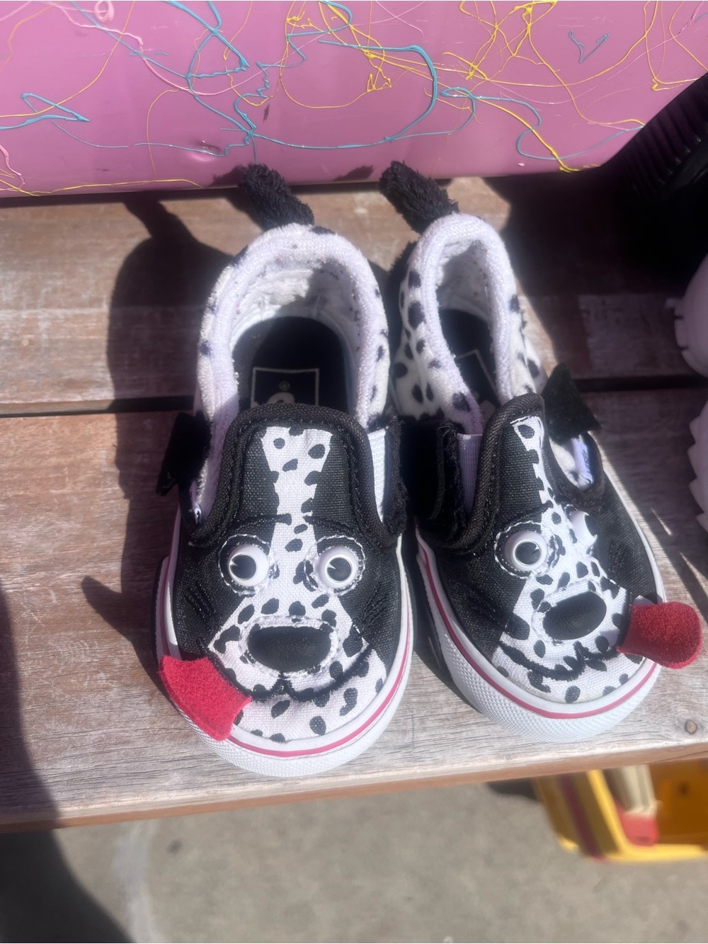 Vans Kids Black & White Dalmatian Slip-On Sneakers with Red Tongue Accent